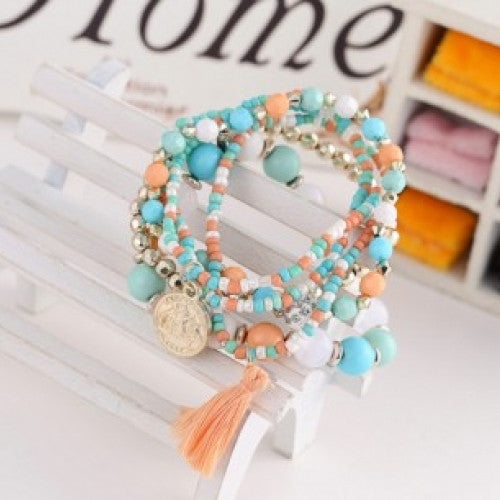 Multilayer Metal Bracelet Colorful Beads Coin Tassel Bracelets